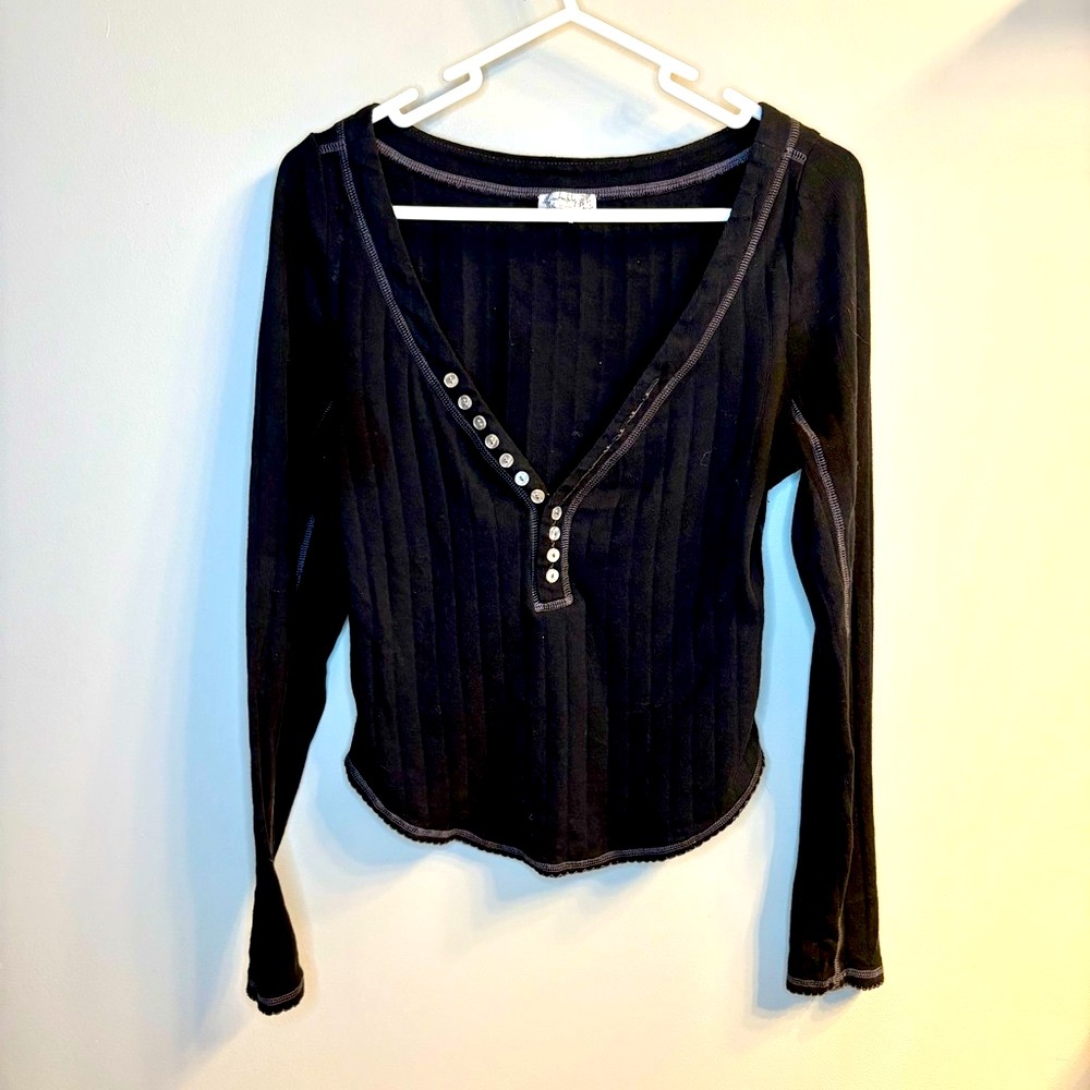 Free People Black Ribbed Long Sleeve Henley Top
